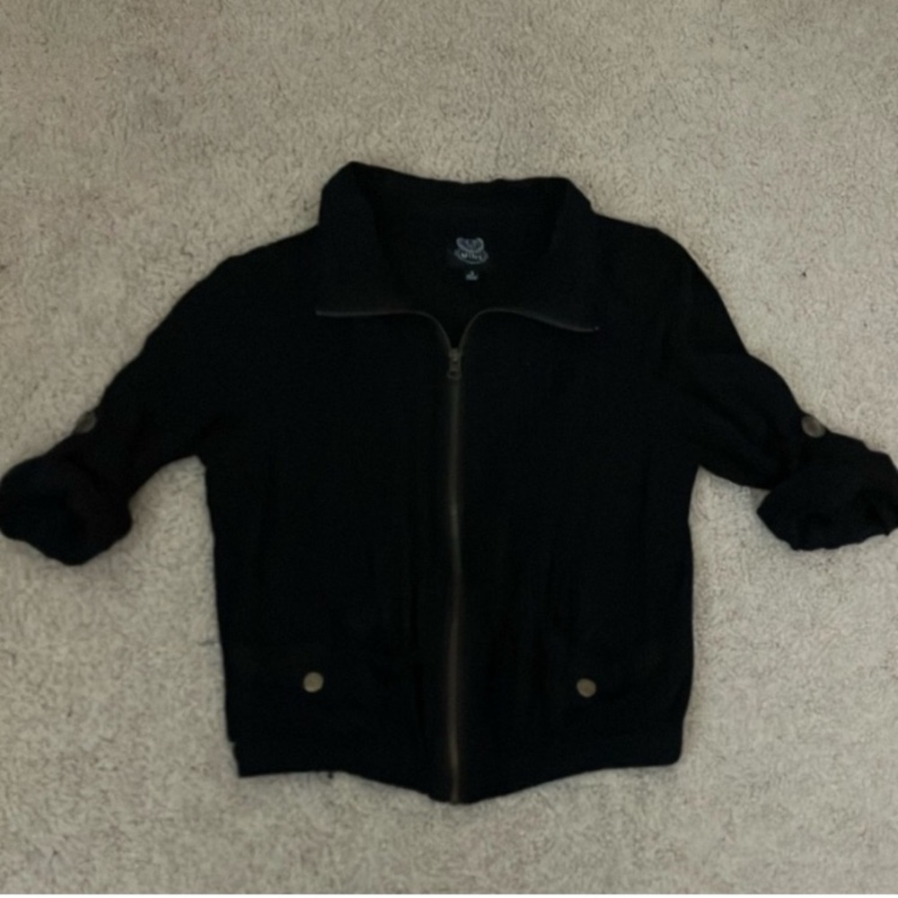 Vintage Y2K Grunge Bomber Black Zip-Up Jacket, lightweight, adjustable, xs/s